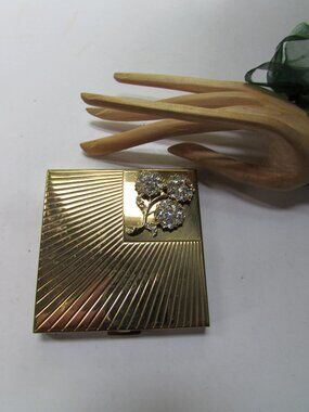 Vintage Volupte Compact Gold Tone Clear Rhinestones